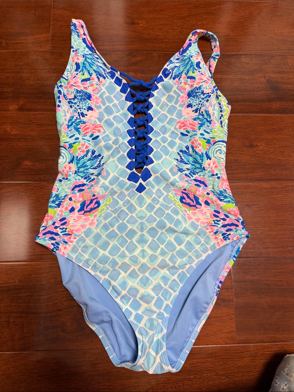 Lilly Pulitzer Blue Floral Lace-Up One-Piece Swimsuit